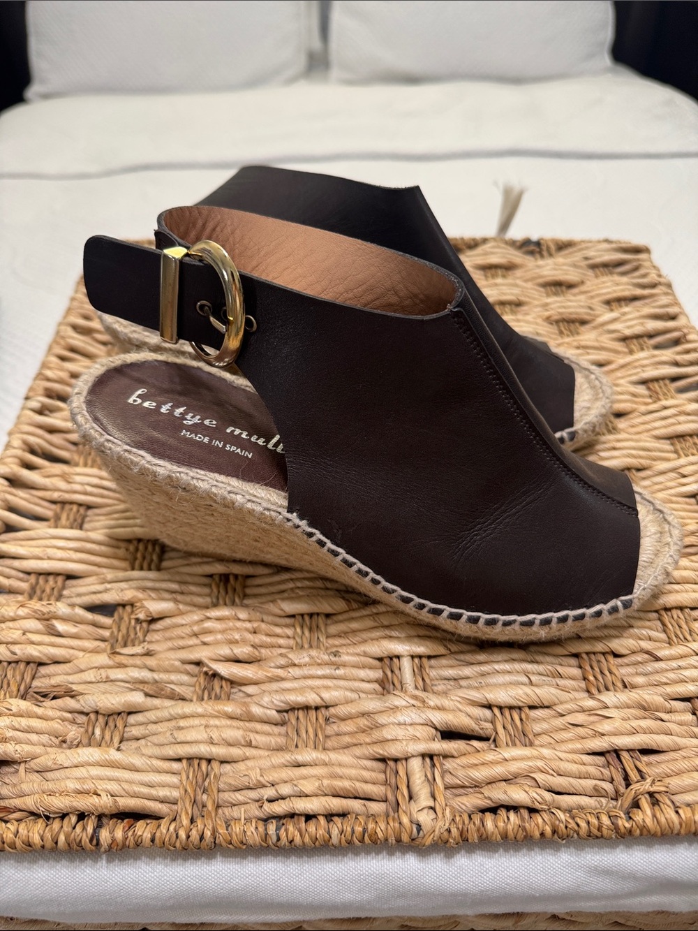 bettye muller Brown Leather Espadrille Wedge Sandals with Gold Buckle Size 36